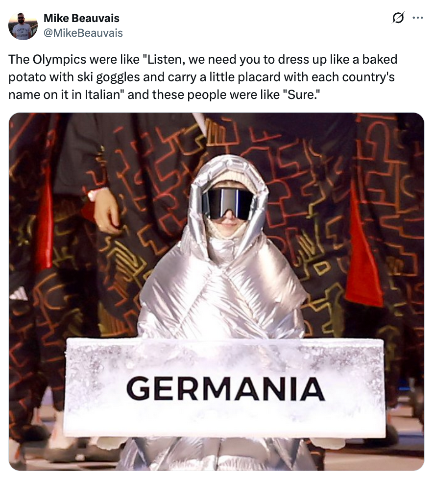 Person successful  metallic potato-themed outfit with skis  goggles, holding "GERMANIA" motion   connected  stage; humorous Olympics commentary tweet above