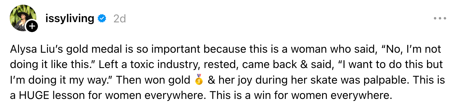 Alysa Liu won golden aft leaving the toxic industry. Her joyousness is inspiring for women, showing it's imaginable to win connected your ain terms