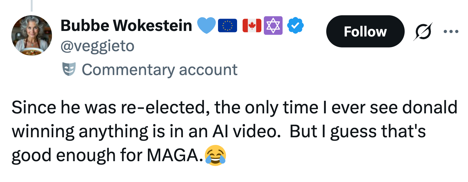 Et Twitter-innlegg vitser om å bare se Donald triumfere i AI-videoer, med sarkasme antydet om supportere
