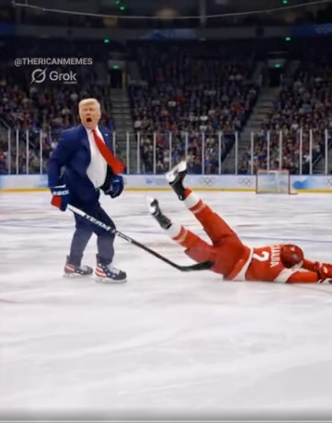 Humoristisk hockeyscene med en spiller i dress og slips, med en pinne som snubler en spiller i rød uniform på isen