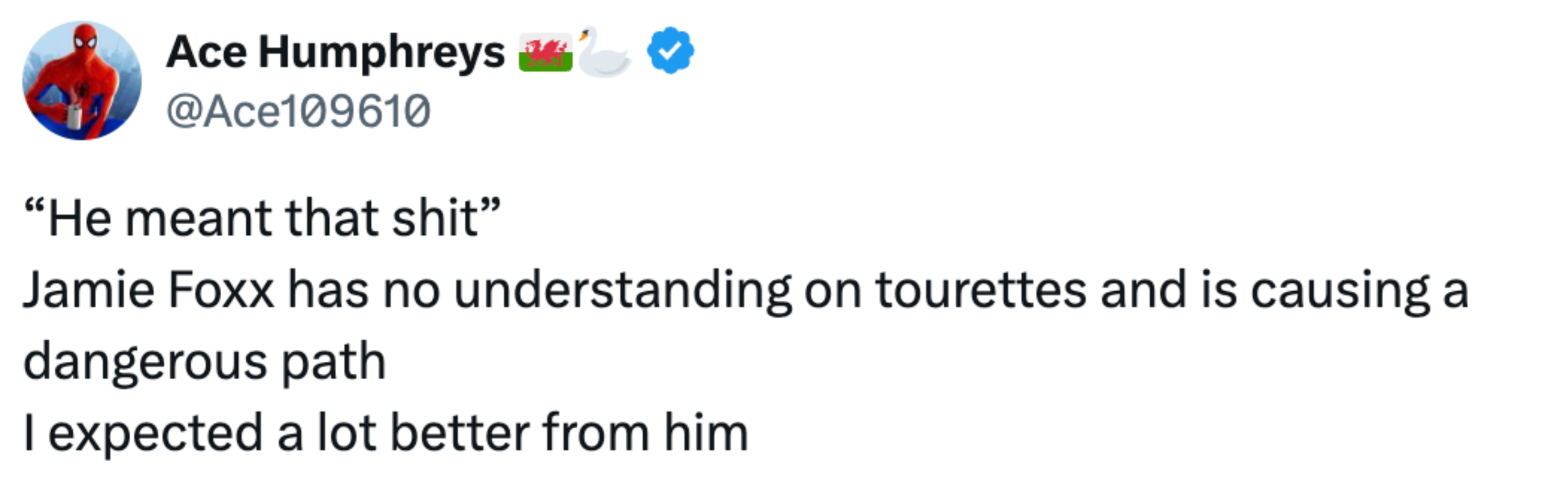 Tweet criticizing Jamie Foxx for a remark  connected  Tourette's syndrome, perceived arsenic  harmful
