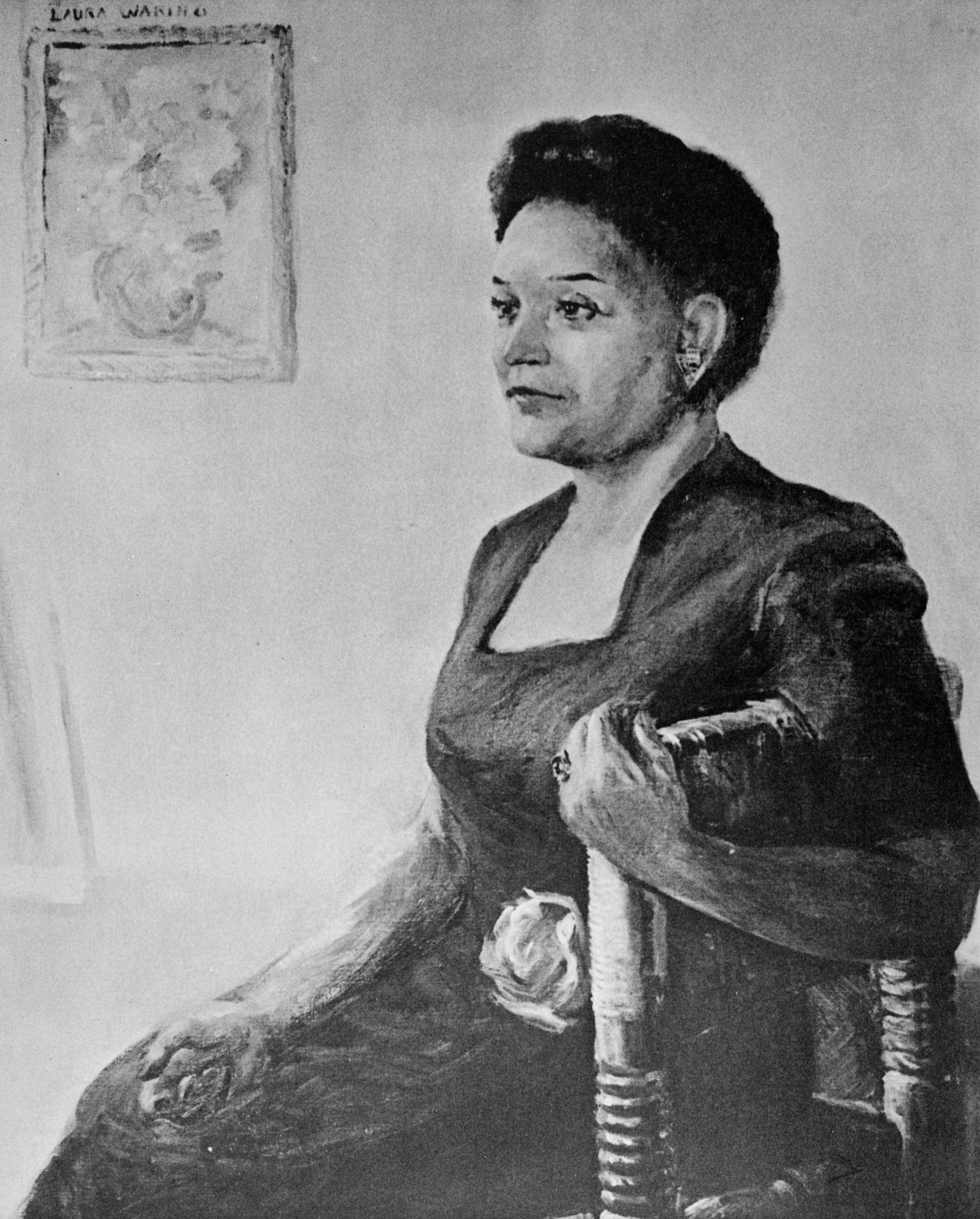 A representation    of a pistillate   seated successful  a chair, looking to the side, wearing a acheronian  formal  with a decorative angiosperm  adjacent   the waist