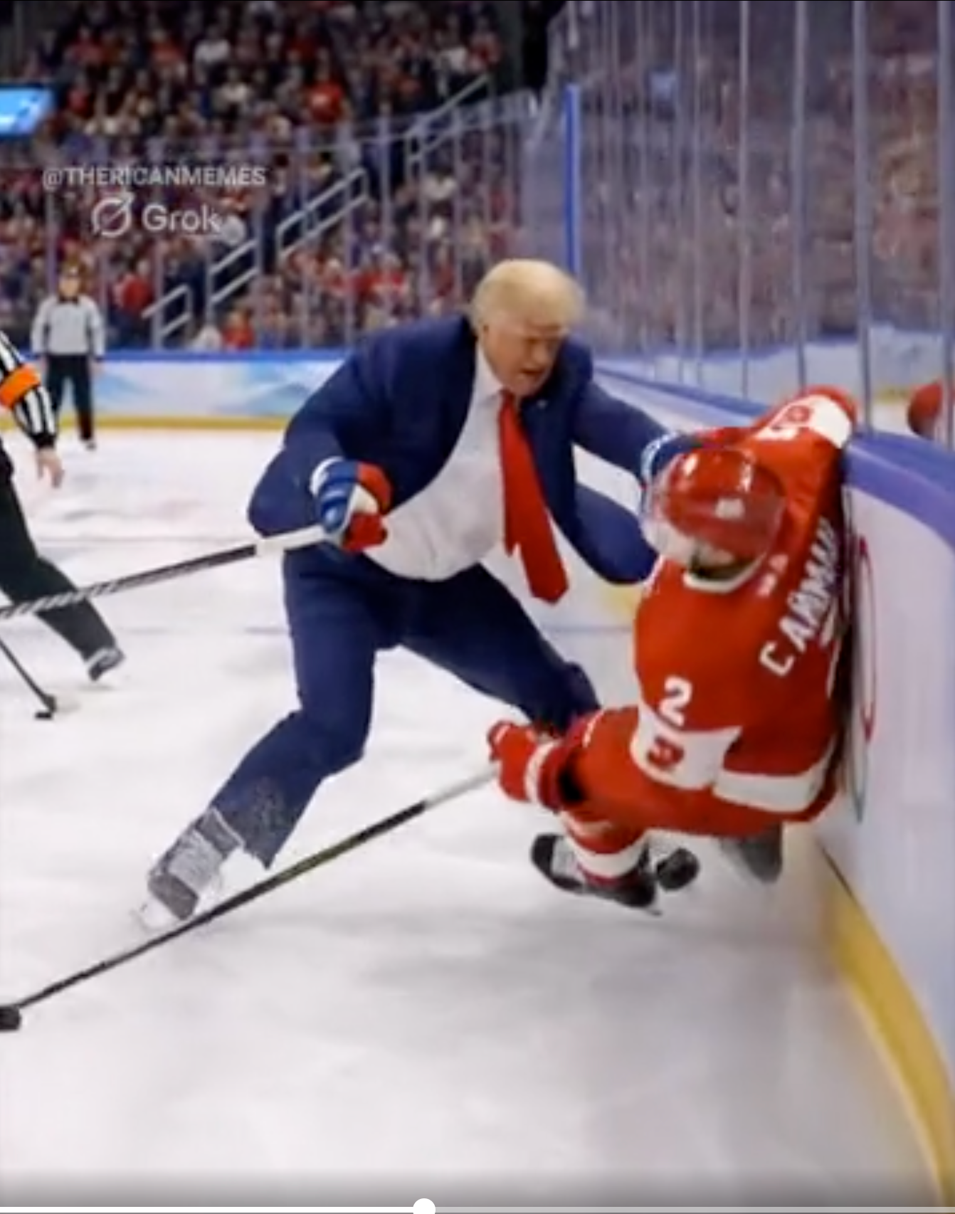 En person i en dress krasjet inn i en hockeyspiller mot baneveggen under en kamp, omgitt av tilskuere