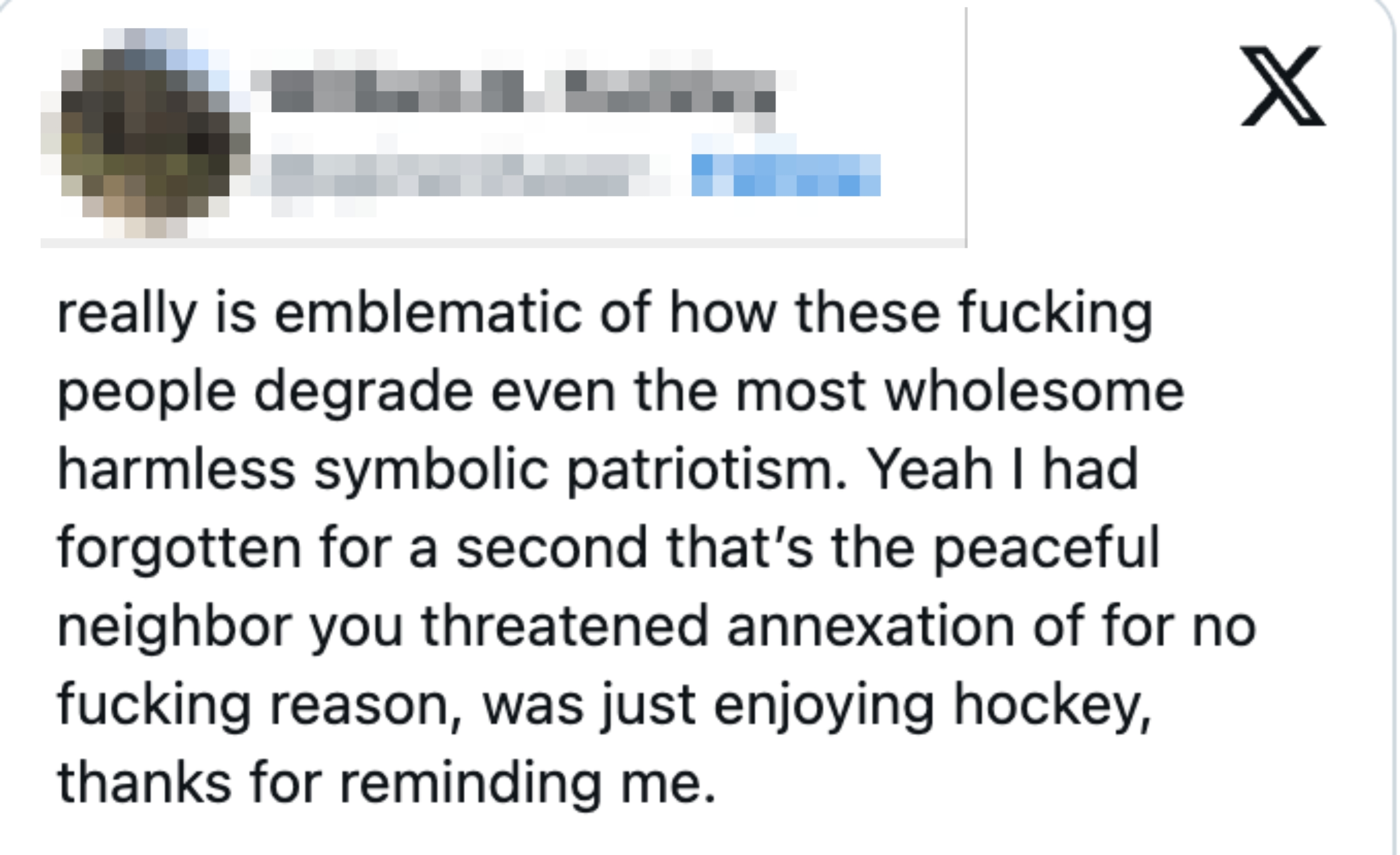 Et innlegg på sosiale medier som kritiserer forringelse av symbolsk patriotisme, og nevner en fredelig nabo som blir truet med annektering