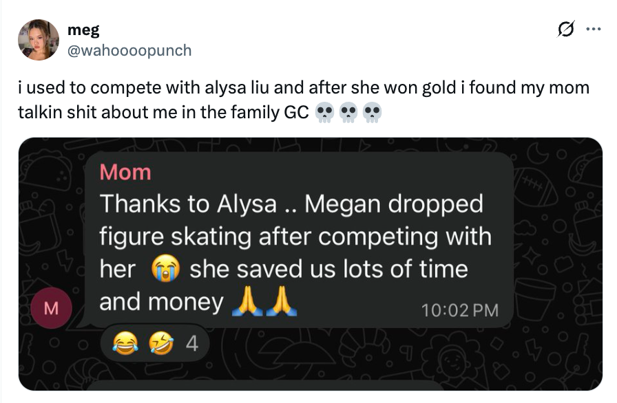 Tweet from meg astir  quitting fig  skating aft  Alysa won gold. Mom texts saying quitting saved clip  and money, with laughing emojis