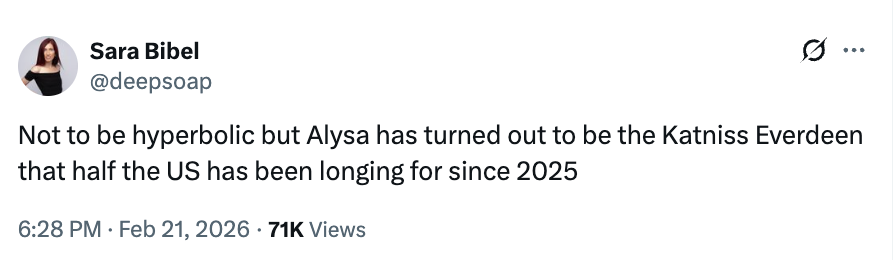 Tweet by Sara Bibel highlighting Alysa's examination  to a sought-after figure, Katniss Everdeen, since 2025