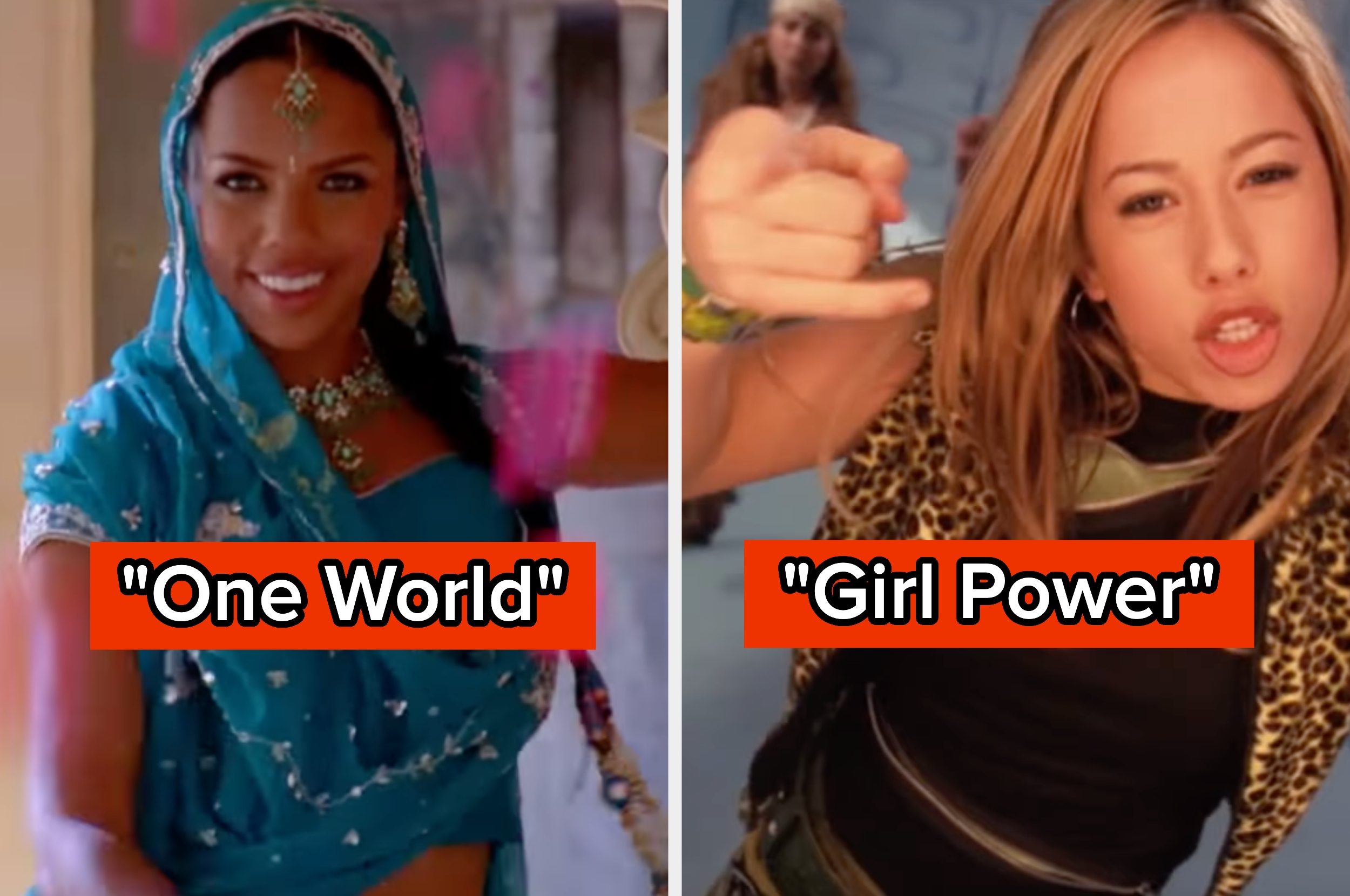 Two women: one in traditional attire labeled "One World," the other in modern, bold fashion labeled "Girl Power," both showing energetic expressions