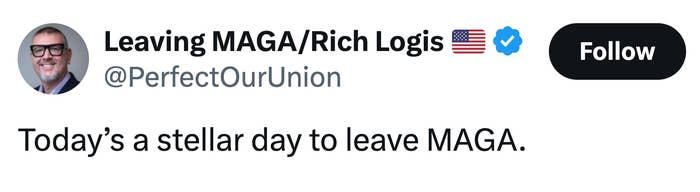 Screenshot of a tweet from Rich Logis expressing that it's a great day to leave MAGA