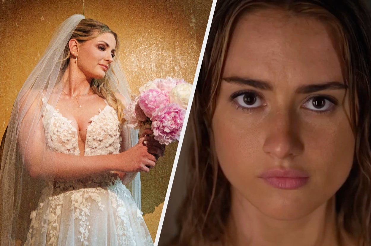 Split image: Left shows a bride in an intricate lace gown holding pink flowers; right shows a person with wet hair looking forward