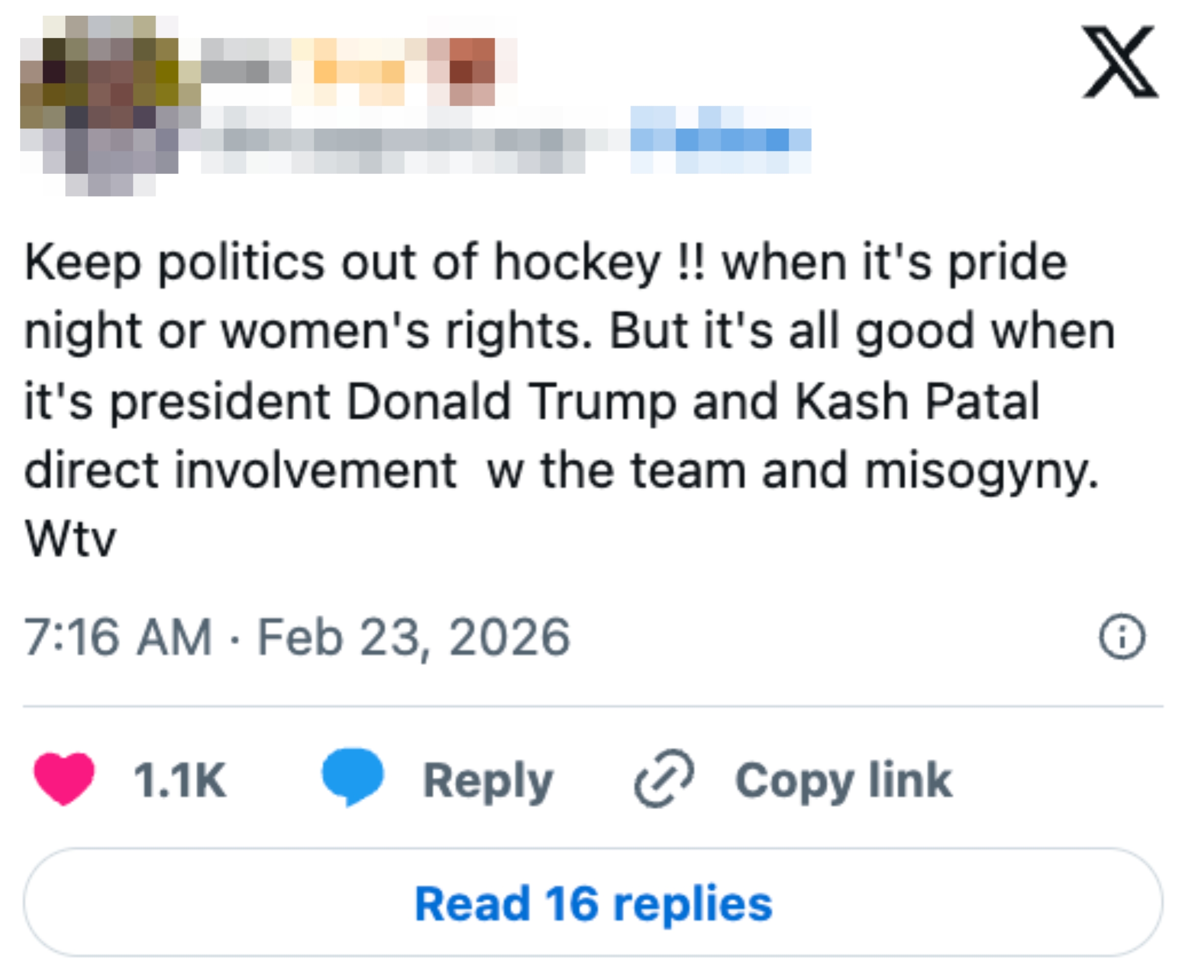 Et innlegg på sosiale medier som uttrykker frustrasjon over politikk i hockey, og nevner Donald Trump og Kash Patels engasjement i kvinnehat
