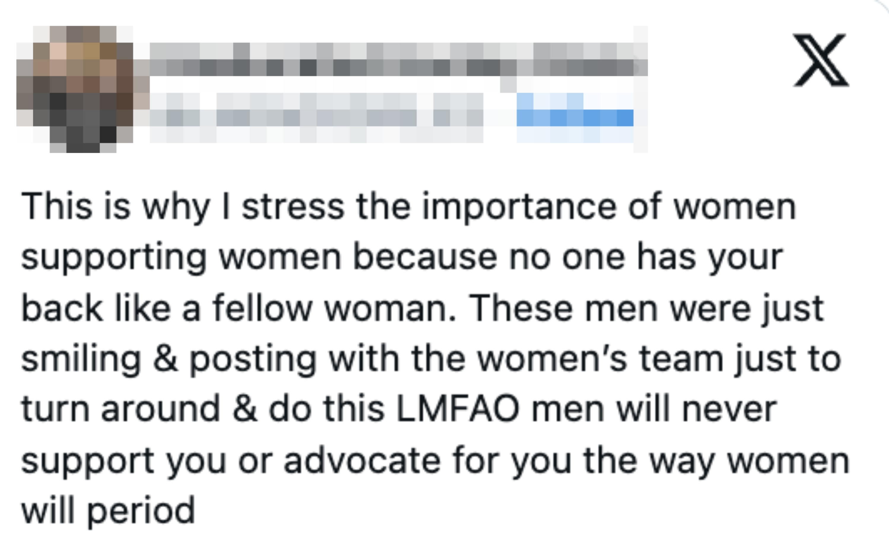 Tekstutdrag som understreker viktigheten av at kvinner støtter kvinner, og kritiserer menn for mangel på genuin talsmann