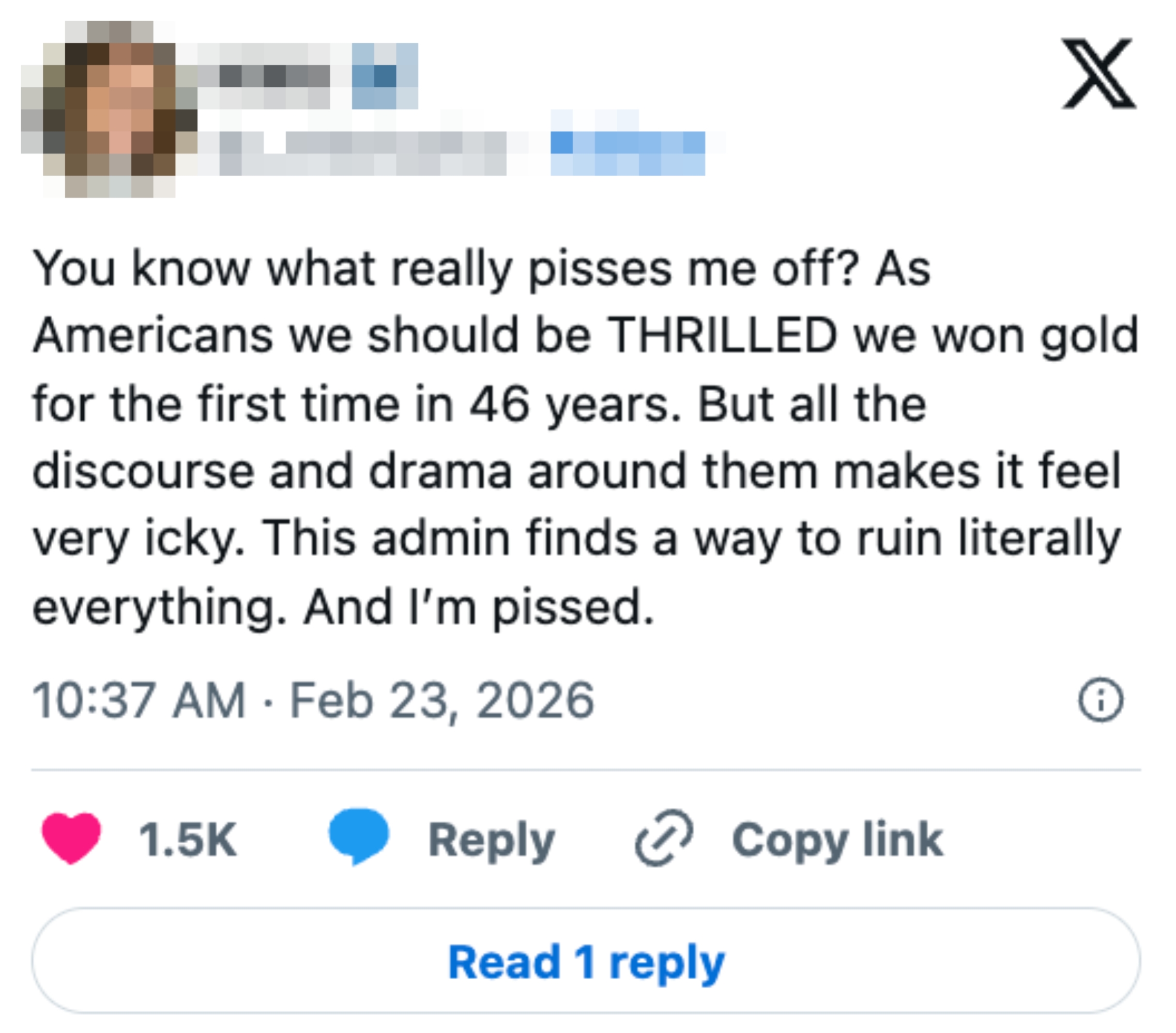 Et innlegg på sosiale medier som uttrykker frustrasjon over den negative diskursen rundt USAs første gullseier på 46 år