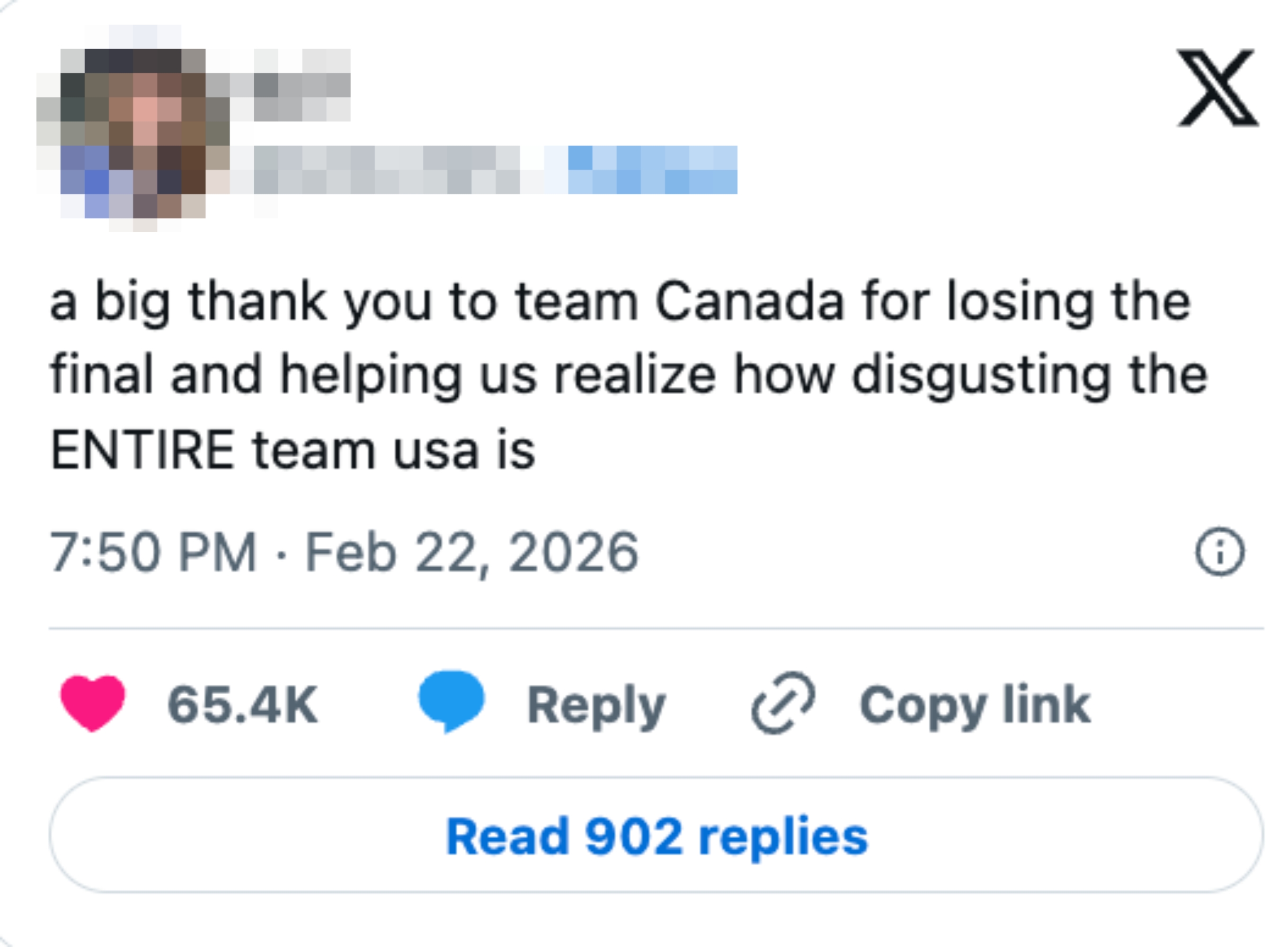 Innlegg på sosiale medier som takker Team Canada for å ha tapt en finale, og sier at det avslører hvor ekkelt Team USA er