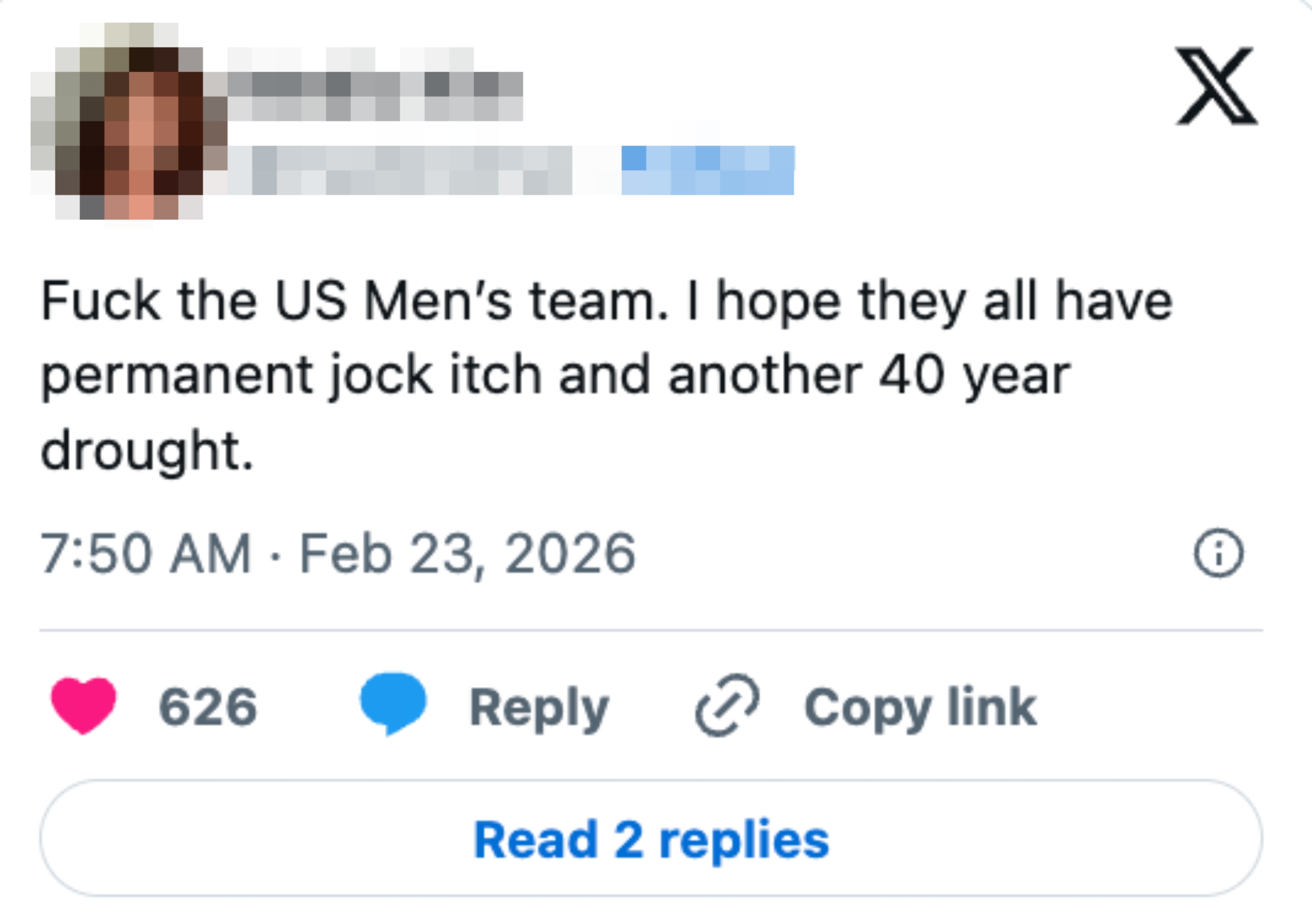 Tweet som uttrykker frustrasjon og dårlig vilje overfor det amerikanske herrelaget, og ønsker dem jock itch og en forlenget 40-års fiaskoperiode