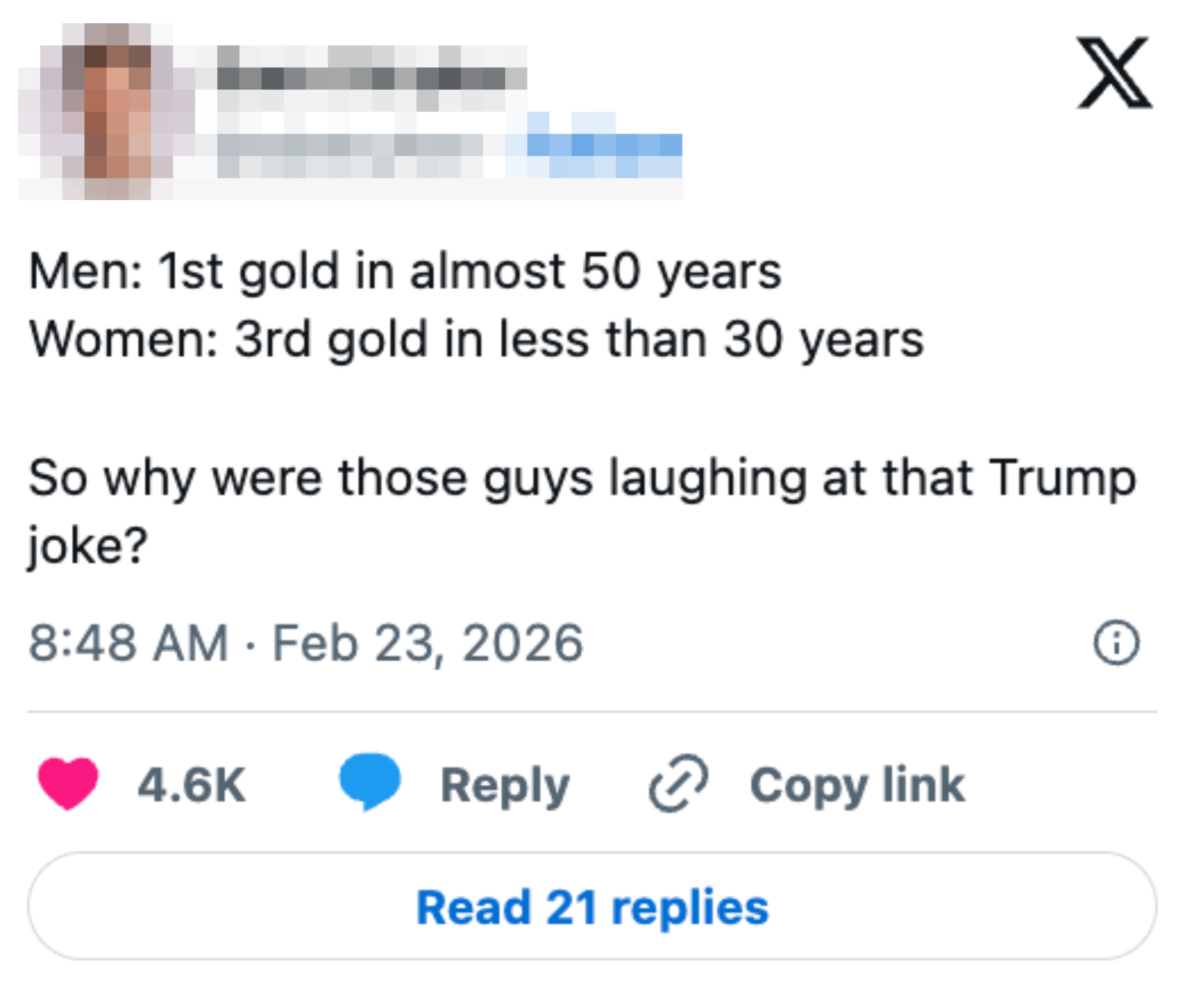 Tweet fremhever forskjellen i gullgevinster mellom menn og kvinner og stiller spørsmål ved hvorfor menn lo av en Trump-spøk