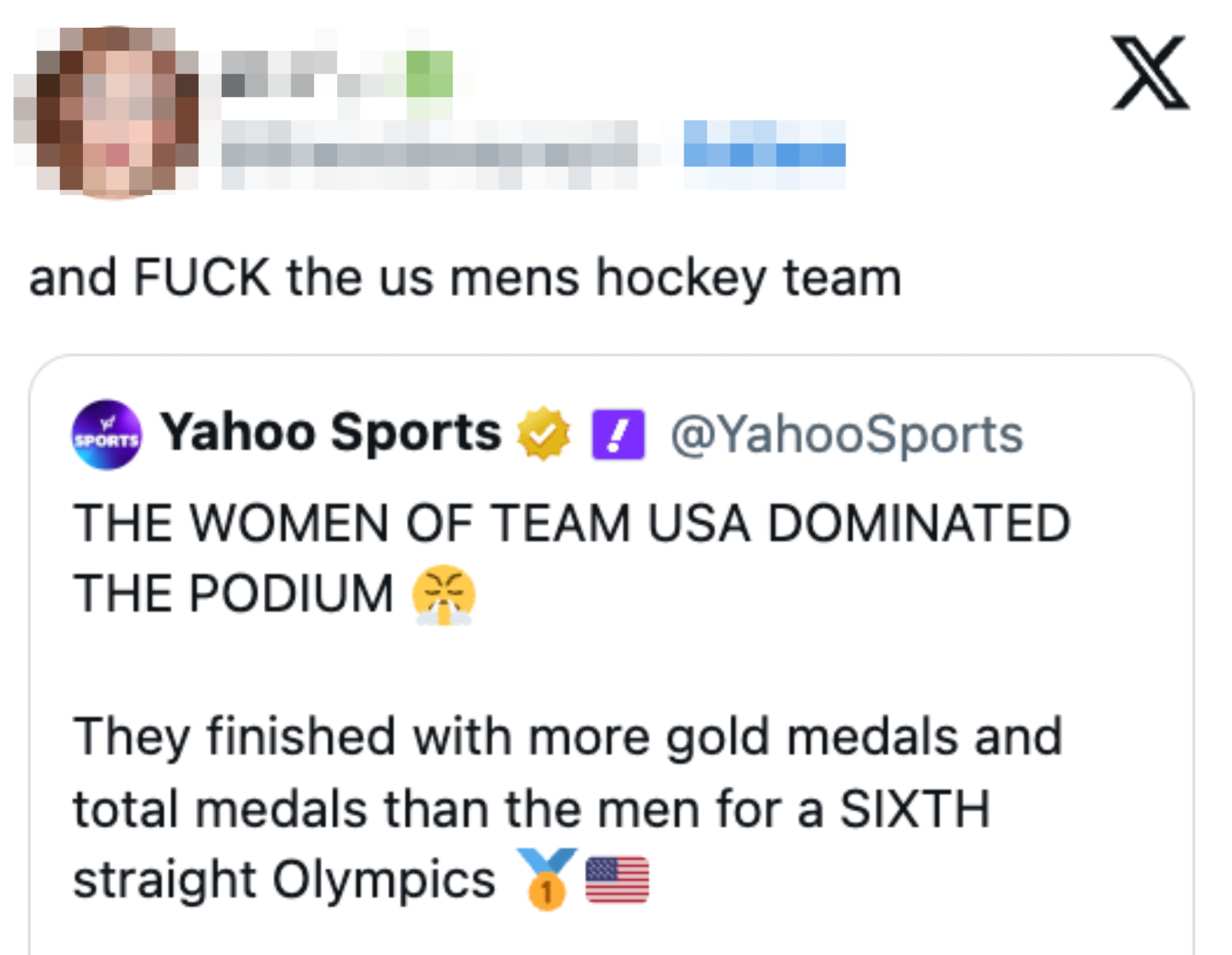 Tweet som kritiserer det amerikanske hockeylaget for menn; fremhever Team USA kvinners dominans i OL
