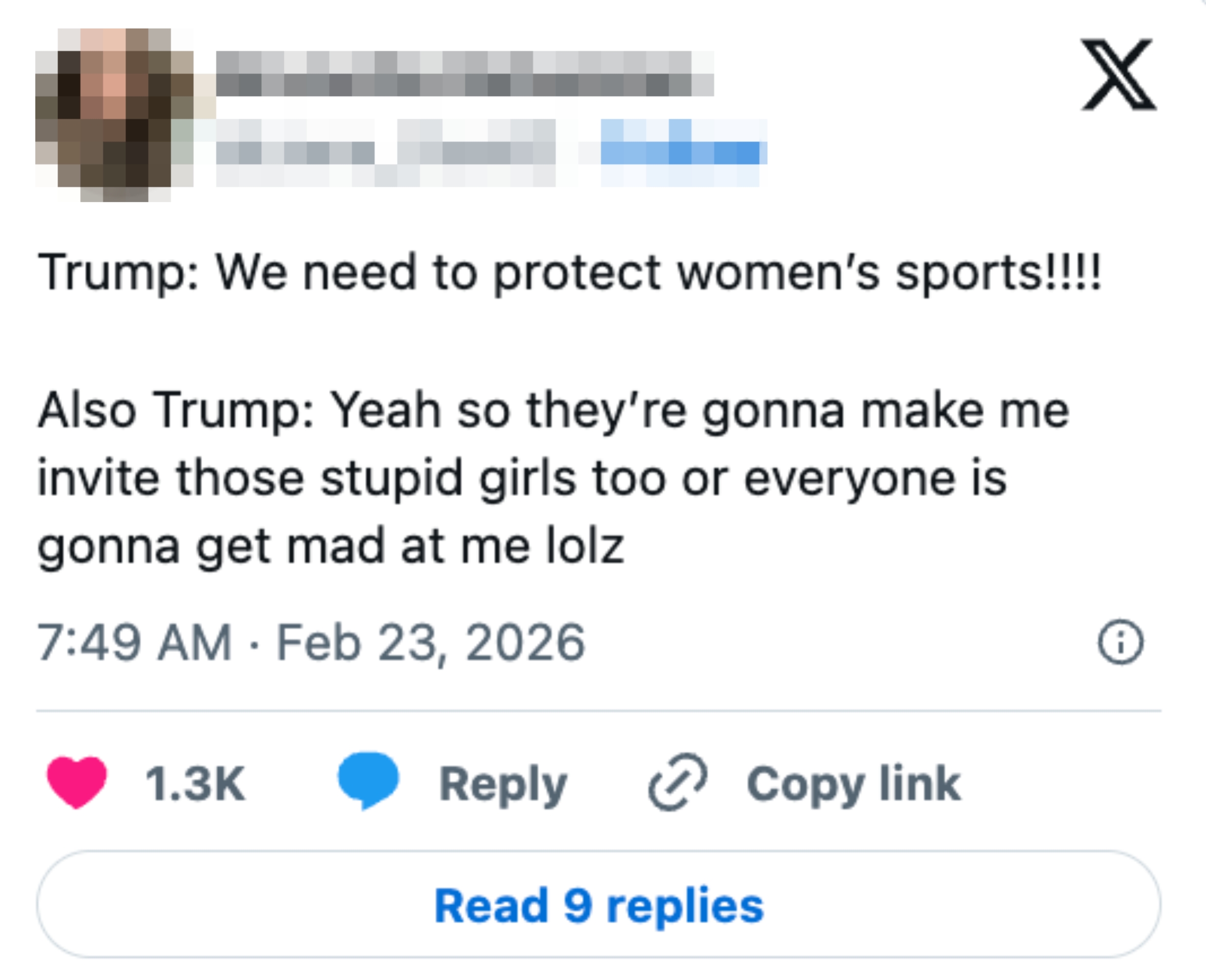 Sosiale medier-innlegg som parodierer Trump, og uttrykker falsk støtte til kvinnesport, etterfulgt av en sarkastisk kommentar