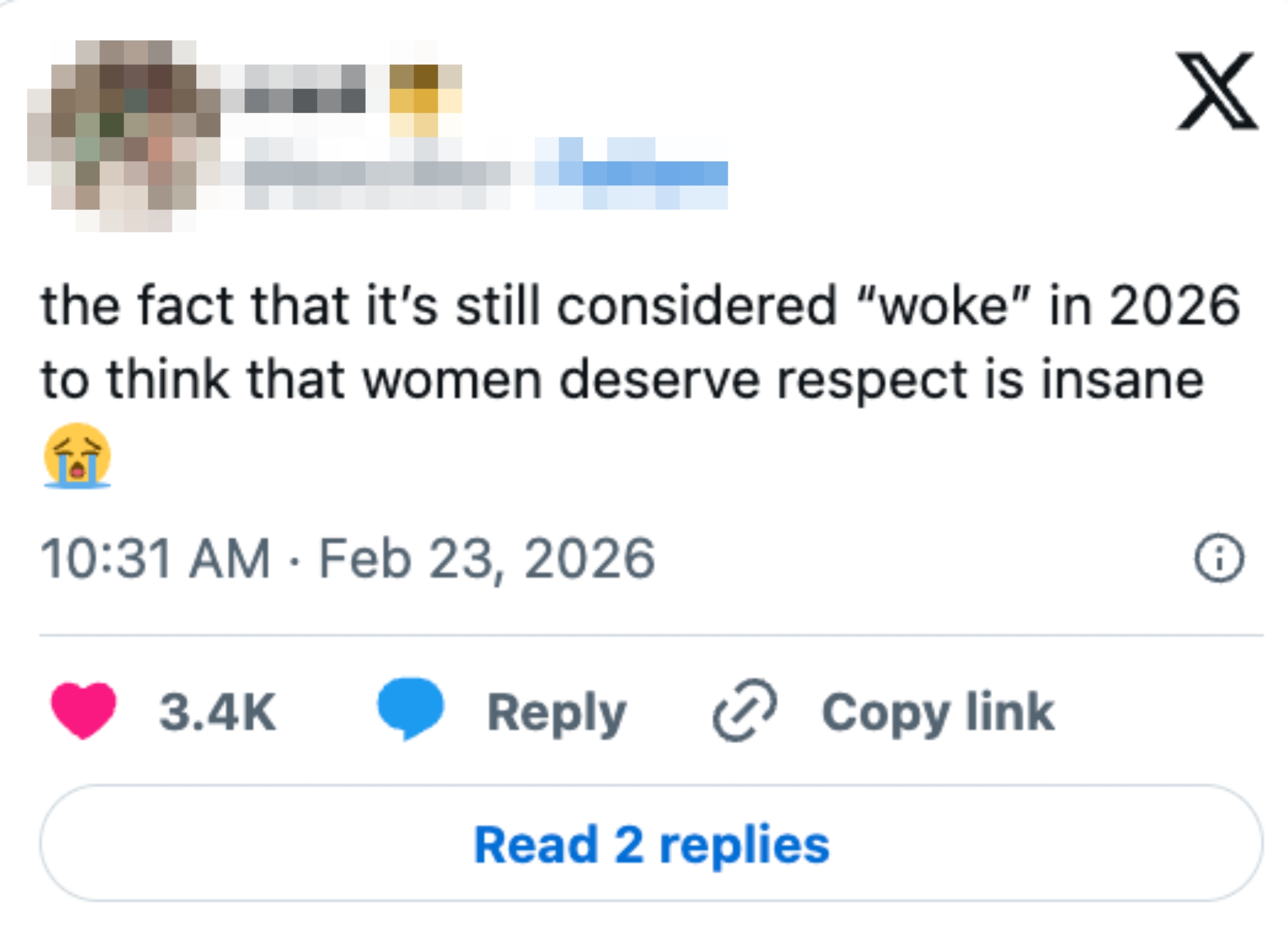 Tweet av bruker som uttrykker vantro på at respekt for kvinner fortsatt anses som «våknet»; i 2026