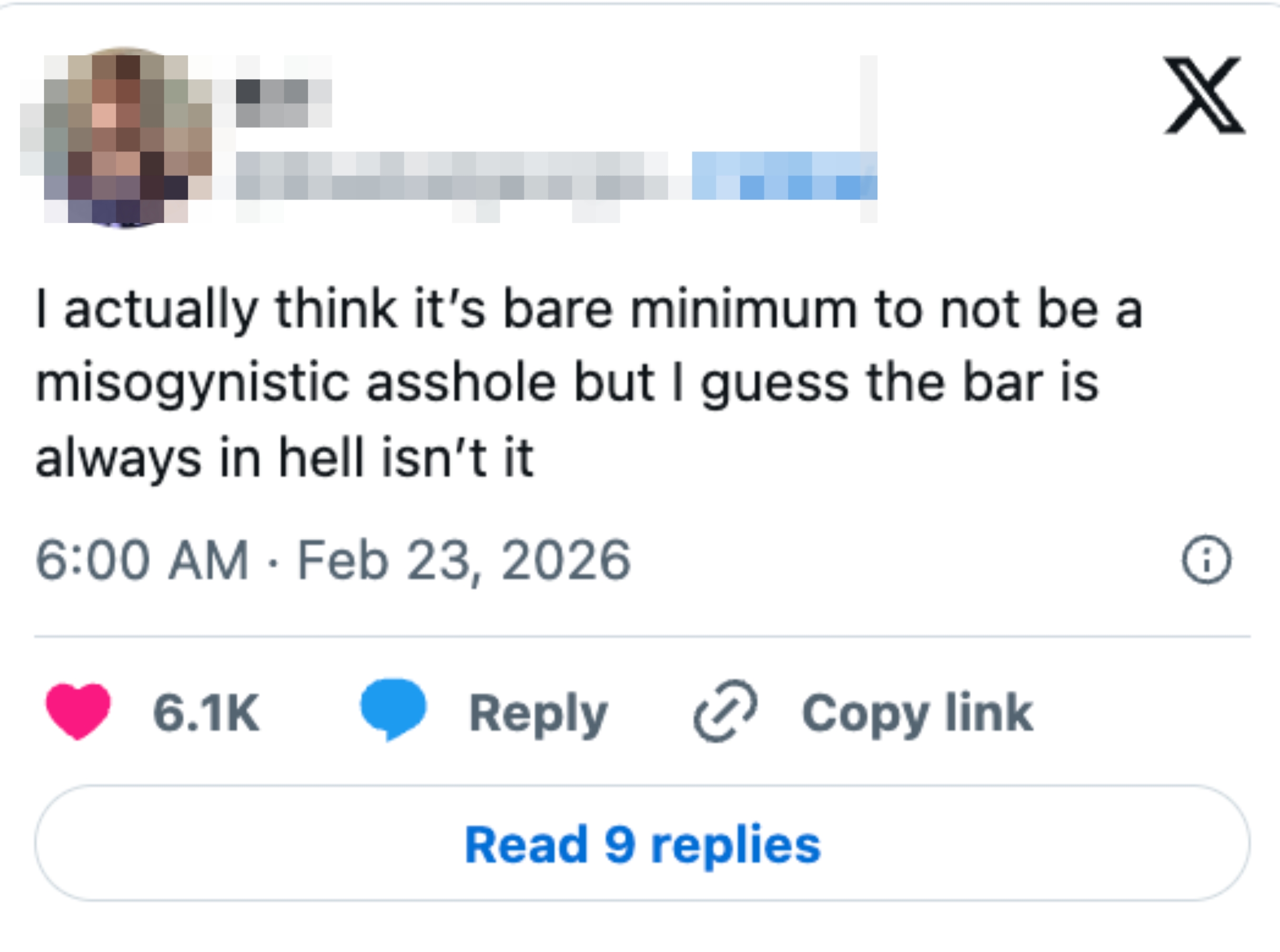 Et innlegg på sosiale medier som kritiserer kvinnehat, og bemerker at å unngå det bør være grunnleggende oppførsel, men erkjenner at forventningene er lave