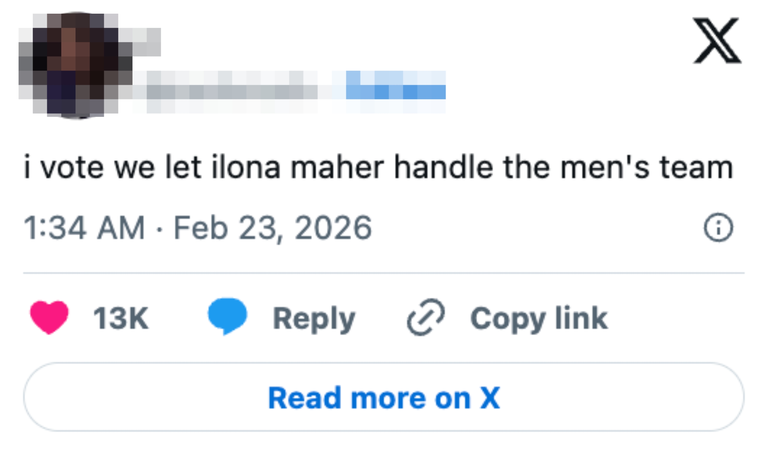 Innlegg i sosiale medier som antyder at Ilona Maher bør lede herrelaget