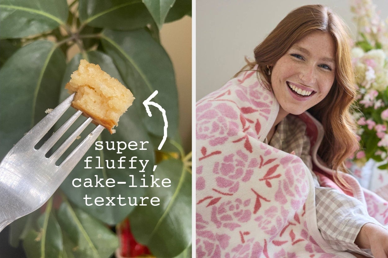 Fork holding a piece of cake with text "super fluffy, cake-like texture." Woman smiles with a floral blanket wrapped around her shoulders