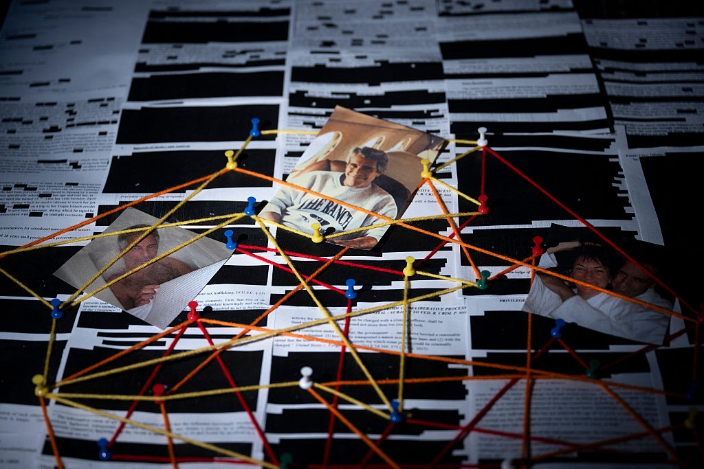 Ulike bilder og dokumenter koblet sammen med fargede strenger, som ligner en etterforskningstavle, viser redigert tekst