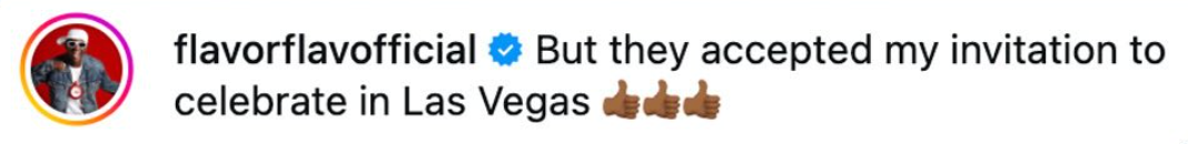 Instagram-kommentar fra en verifisert bruker som uttrykker begeistring over en invitasjon som ble akseptert for å feire i Las Vegas, med tommelen opp-emojier