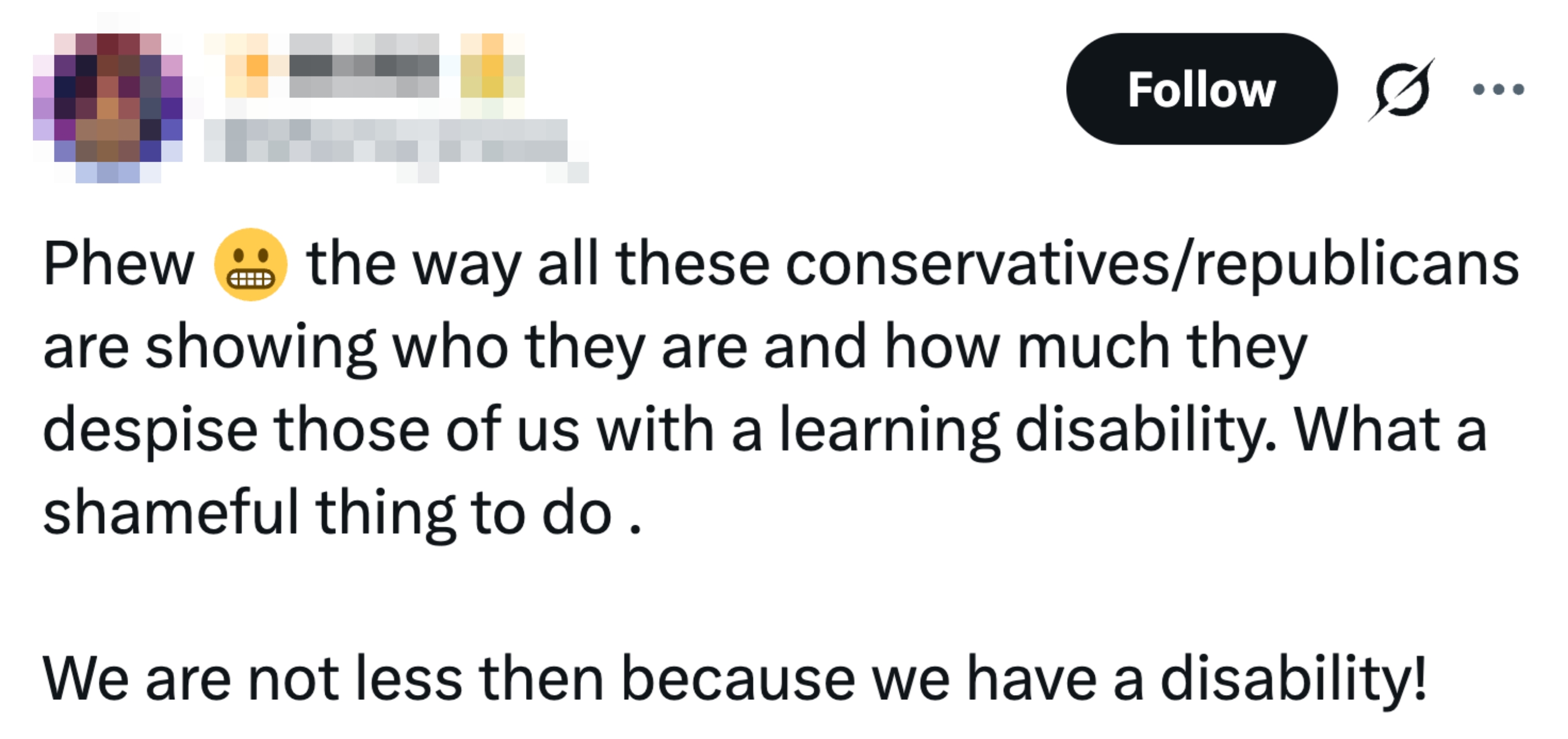 Tweet som uttrykker frustrasjon med konservative/republikanere, og fremhever forakt mot individer med lærevansker