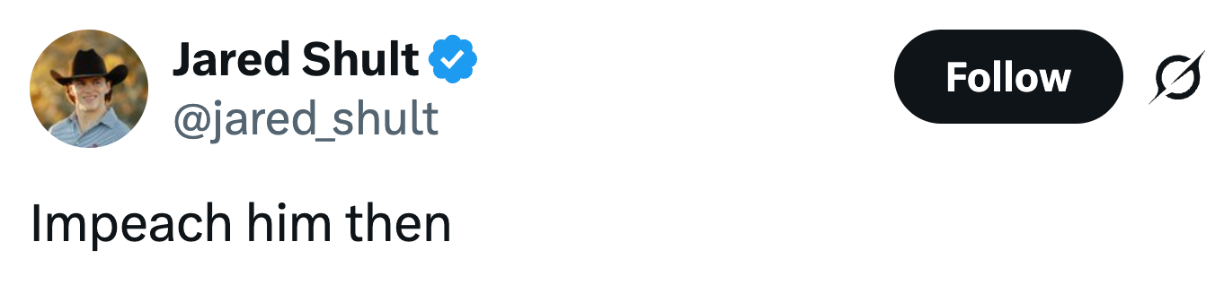 Tweet av Jared Shult: "Rettsetter ham da."