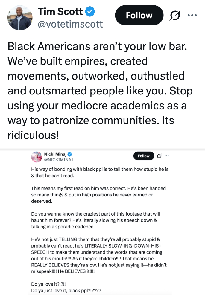 Tweet av Tim Scott som henvender seg til svarte amerikanere, legger vekt på prestasjoner og kritiserer patronisering. En annen tweet av Nicki Minaj diskuterer medieoppfatninger