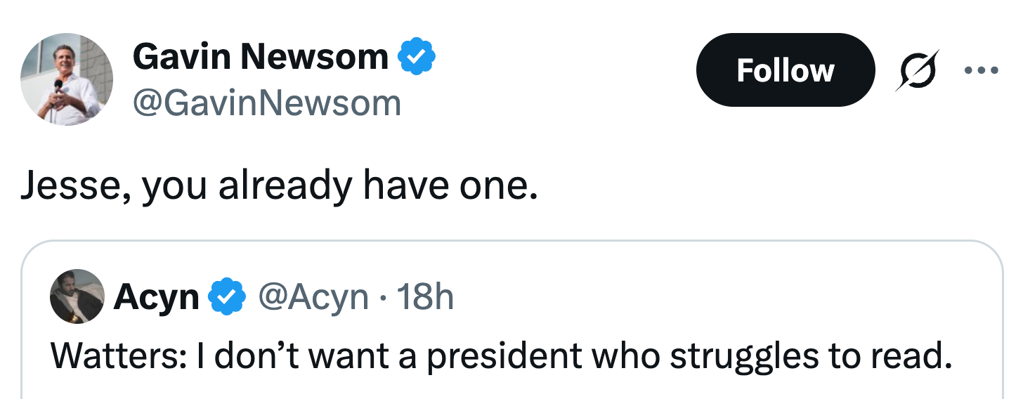 Tweet fra Gavin Newsom som svarer til Acyn: 