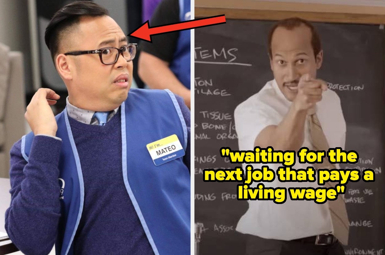 A surprised man in a store uniform and a pointing man in a classroom; text reads: "waiting for the next job that pays a living wage."