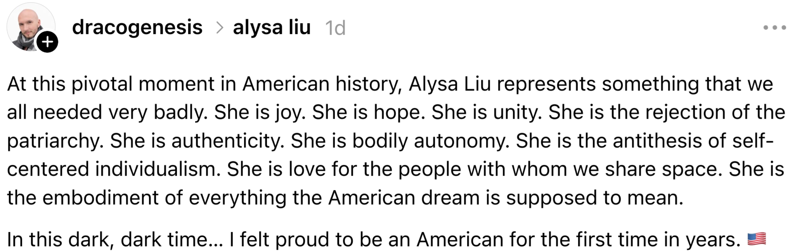 Summary of a substance station praising Alysa Liu arsenic a awesome of joy, hope, unity, and authenticity, embodying the American imagination during challenging times