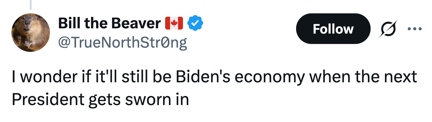 Tweet av Bill the Beaver: "Jeg lurer på om det fortsatt vil være Bidens økonomi når neste president blir tatt i ed."