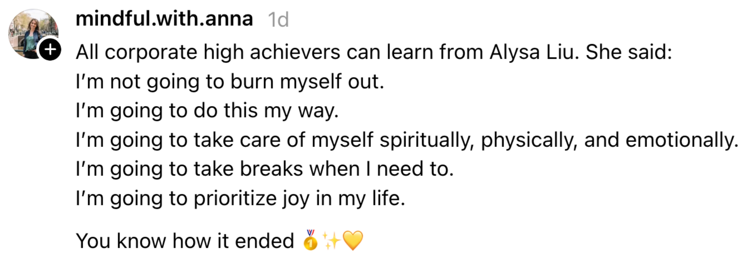 Post by mindful.with.anna quoting Alysa Liu connected self-care and prioritizing joy
