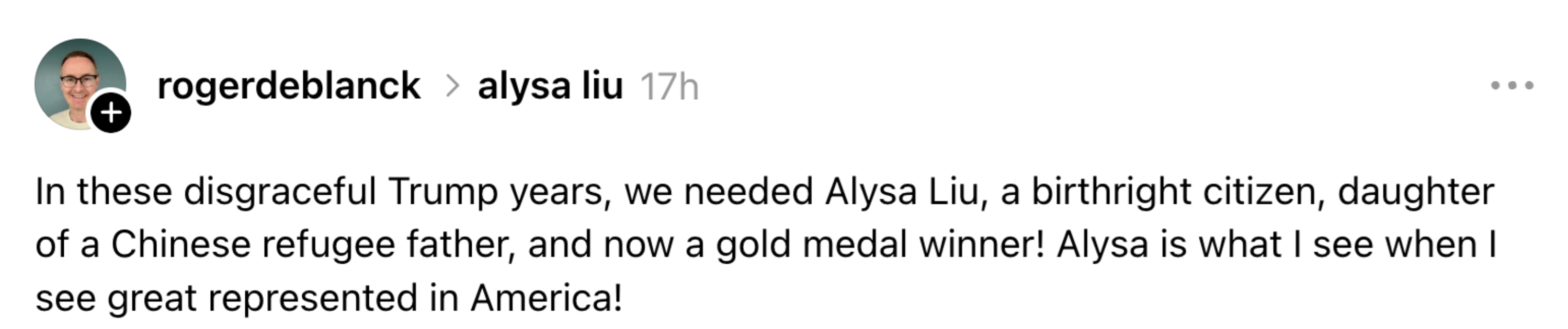 A connection appreciating Alysa Liu, a golden medalist and girl of a Chinese refugee, arsenic a awesome of practice successful America