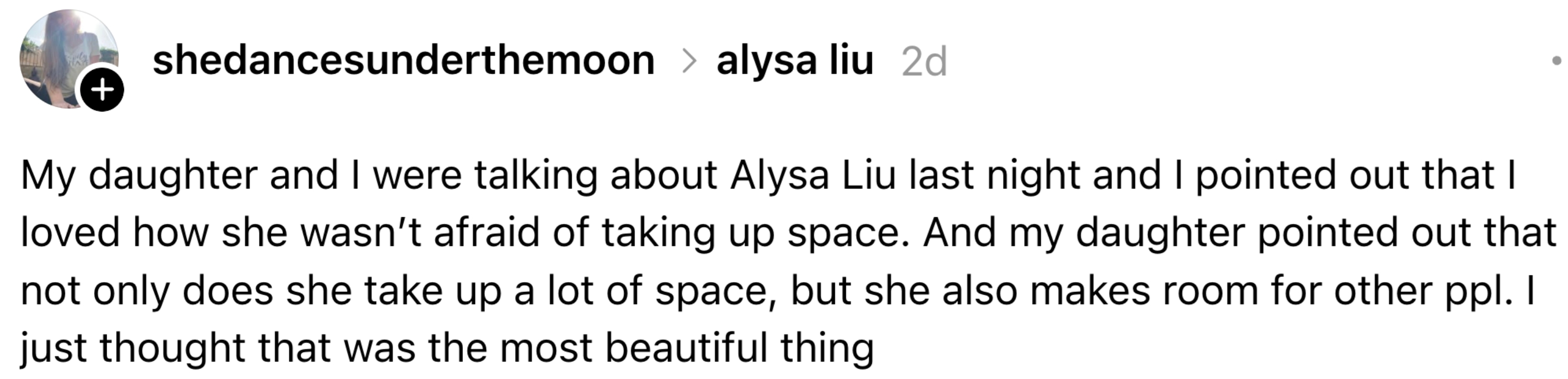 Username discusses Alysa Liu's empowering presence, noting she confidently takes up abstraction portion besides making country for others