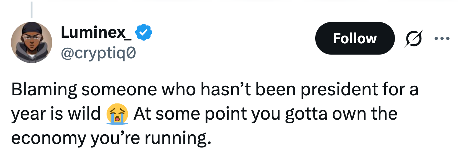 Tweet av Luminex: Kritiserer å gi en tidligere president skylden for den nåværende økonomien