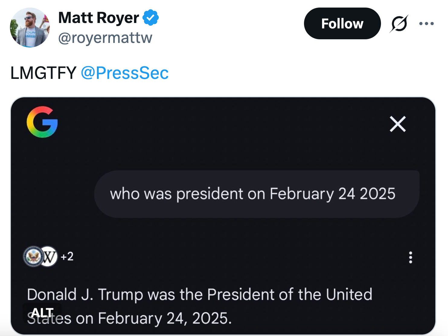 Tweet som viser Google-søk: "hvem var president 24. februar 2025," med resultat: "Donald J. Trump var USAs president."