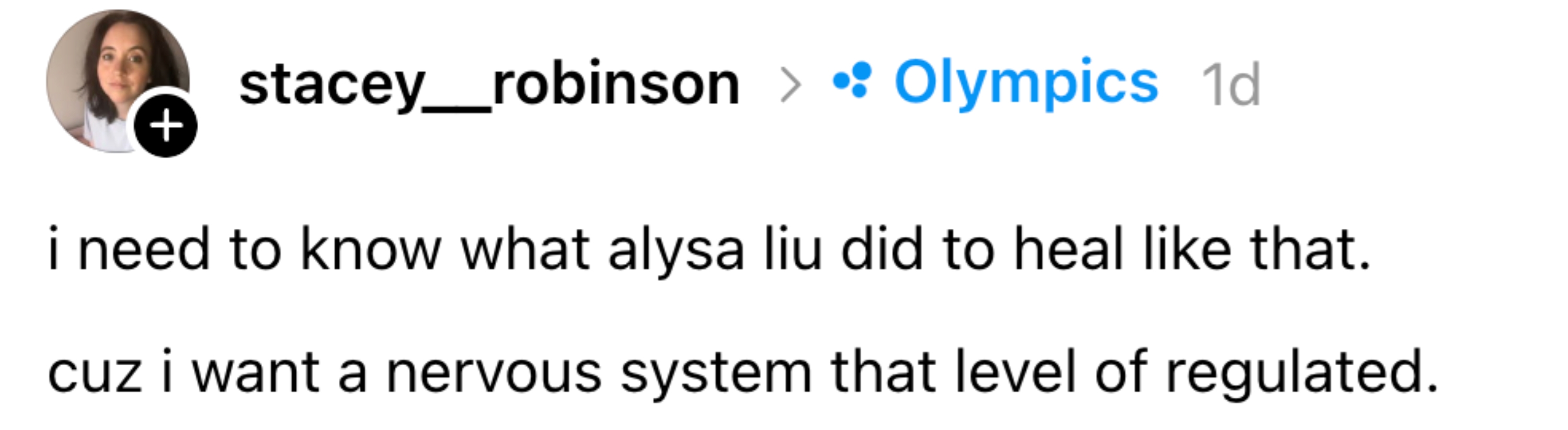 Comment asking however Alysa Liu achieved a regulated tense system