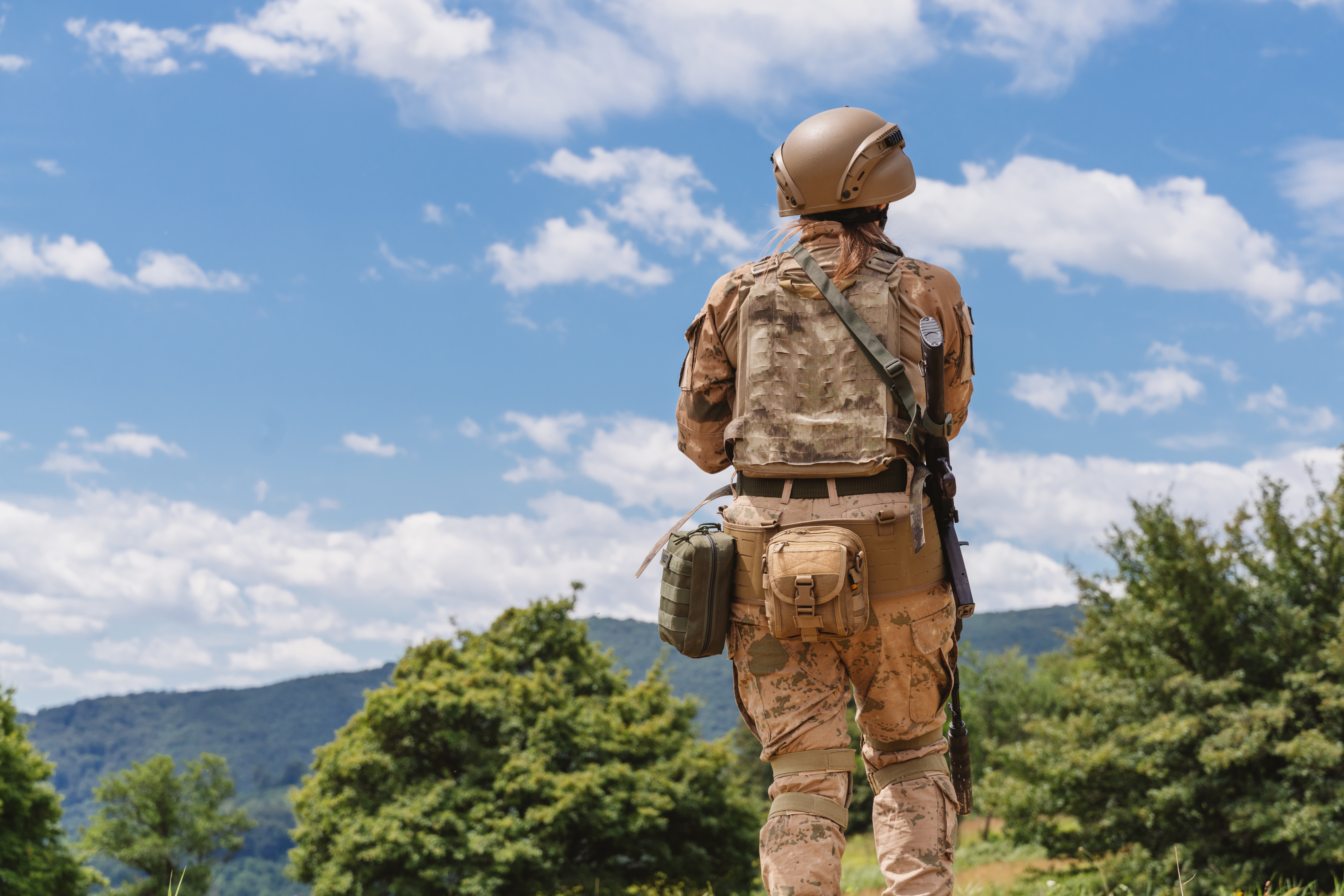 A worker successful tactical cogwheel stands facing a scenic scenery with trees and mountains