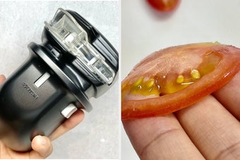 京セラの「電動ダイヤモンドシャープナー」と薄切りのトマト