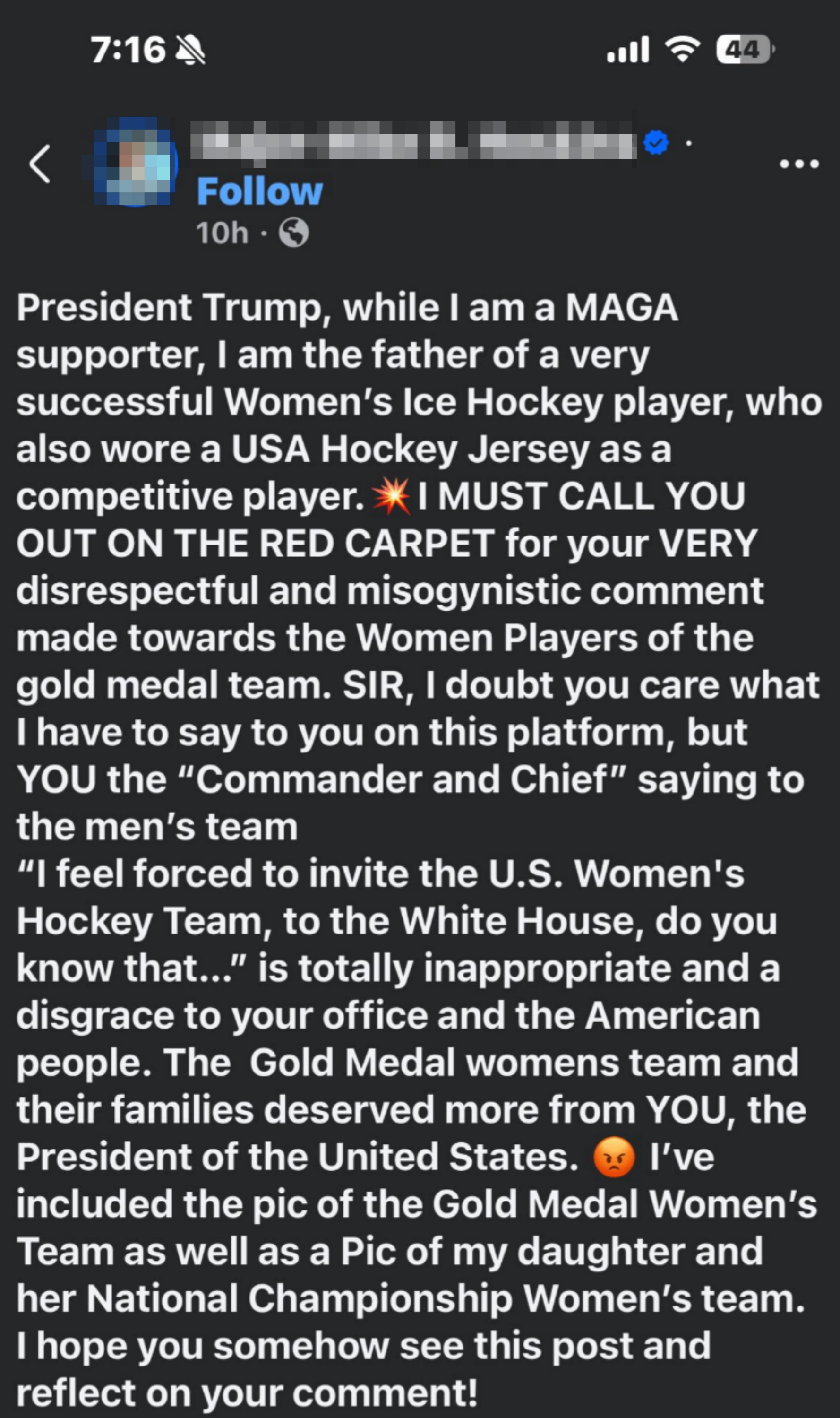 Sosiale medier-innlegg som kritiserer president Trumps kommentarer om kvinnelige hockeyspillere, og oppfordrer til respekt for kvinners bidrag innen sport