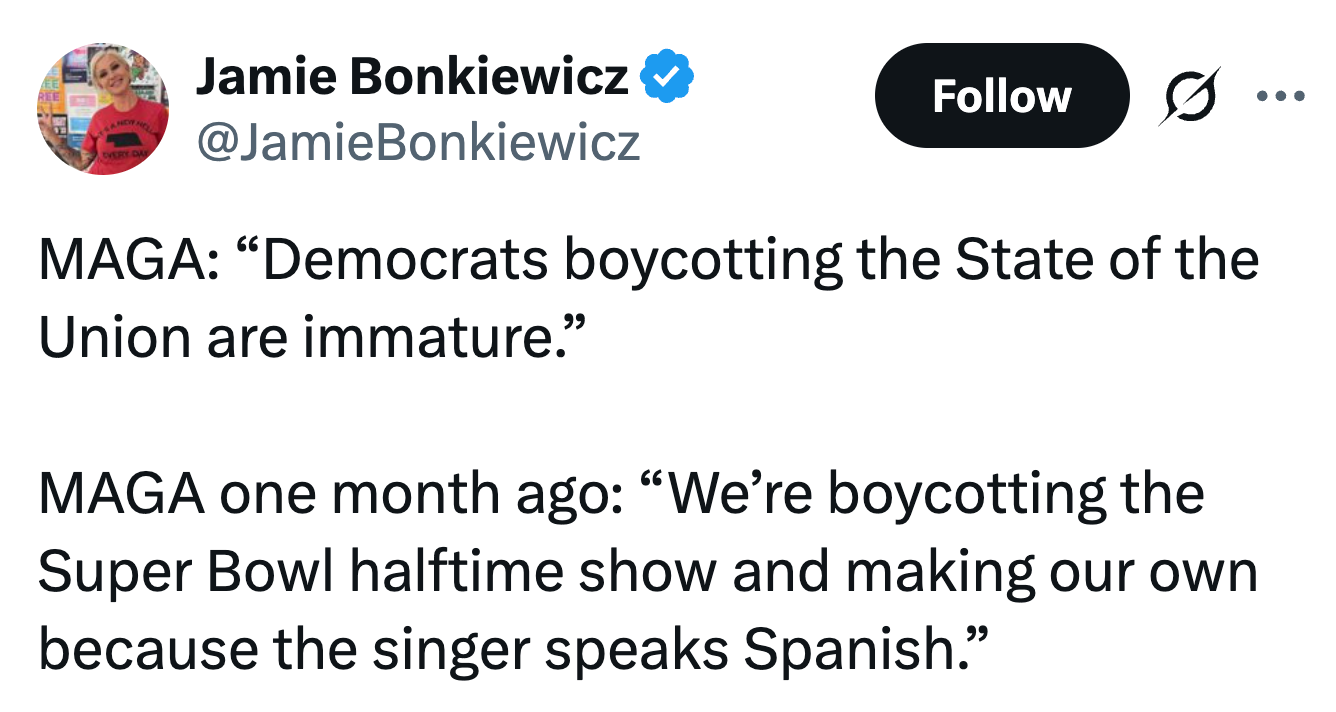 Tweet som diskuterer opplevd inkonsekvens i reaksjoner på boikottbegivenheter, sammenligner politiske og kulturelle kontekster