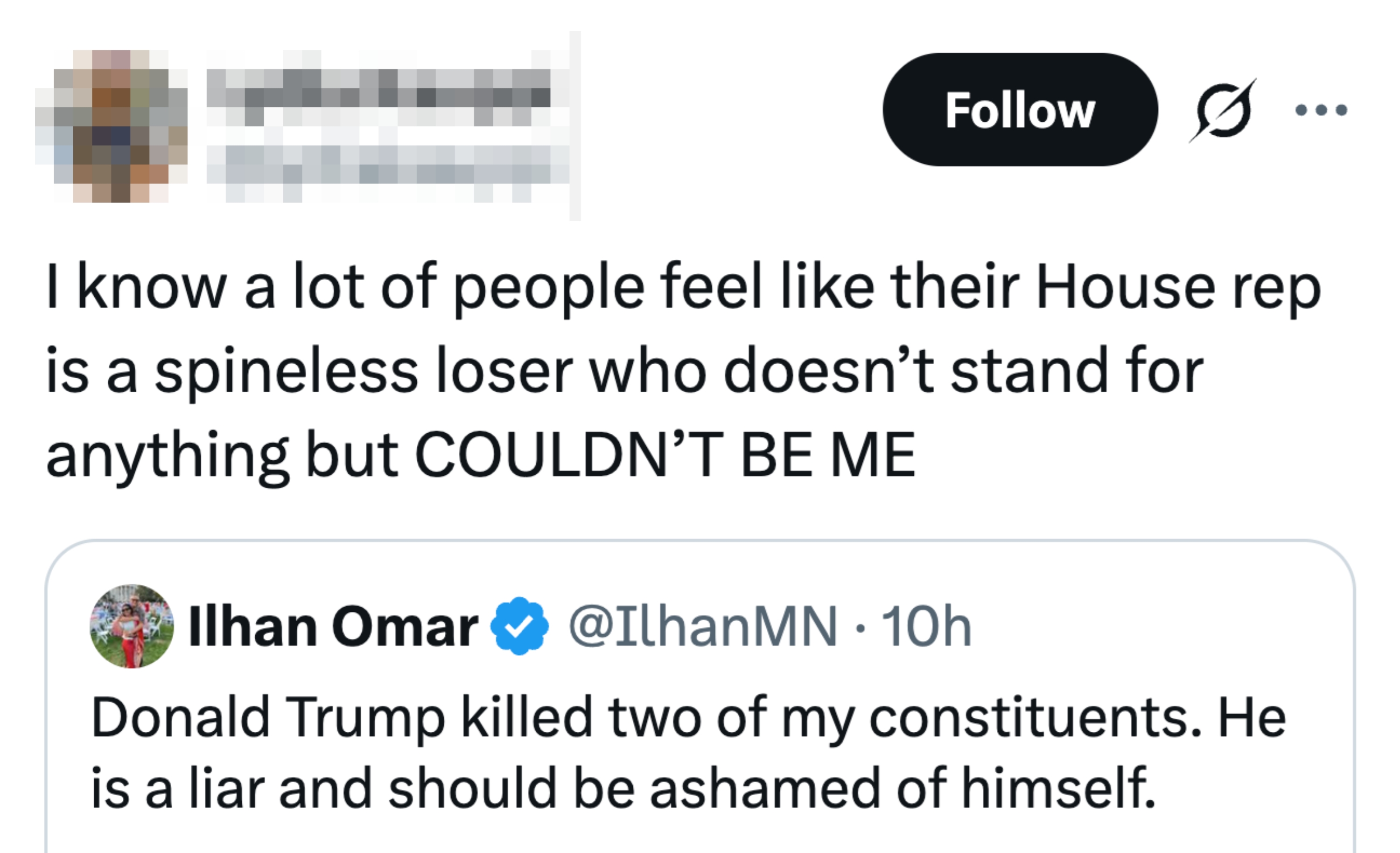 Tweet av Lydia Kauppi som refererer til Ilhan Omars tweet, som kritiserer Donald Trump for velgere' dødsfall