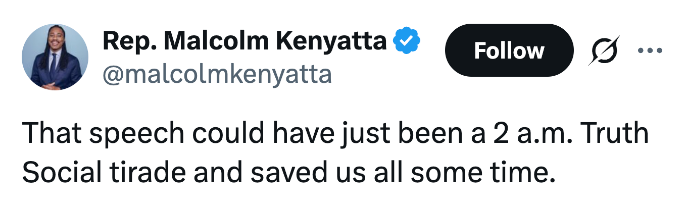Tweet av rep. Malcolm Kenyatta sier: 