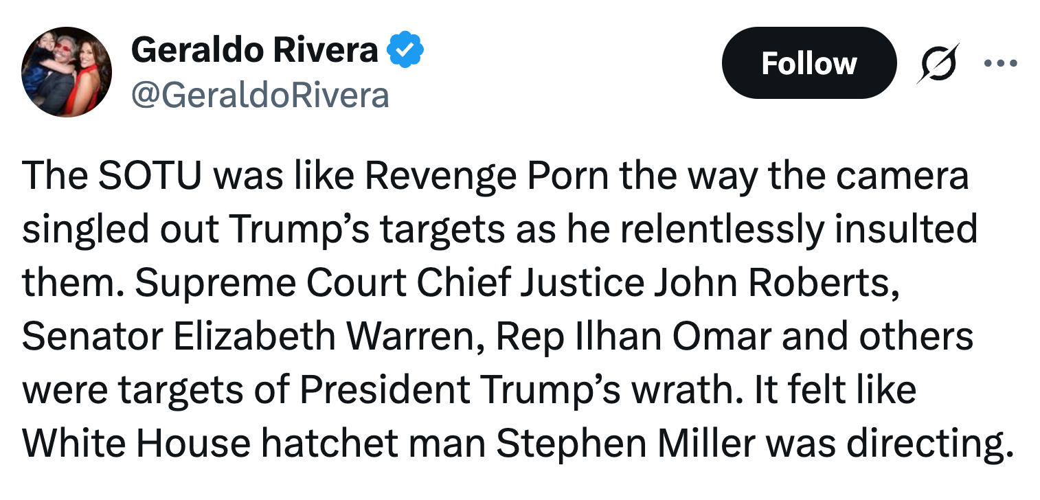 Tweet av Geraldo Rivera: Kritiker SOTU som fokuserer på Trumps fornærmelser mot offentlige personer som John Roberts og andre, sammenligner det med 