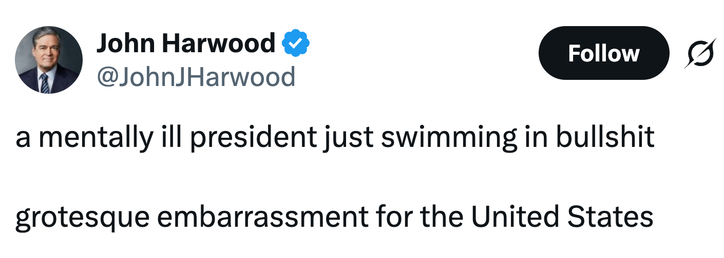 John Harwoods tweet kritiserer presidenten, og kaller situasjonen en forlegenhet for USA