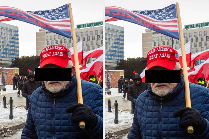 Person holding an American flag and wearing a cap at a snowy outdoor event. Faces are obscured