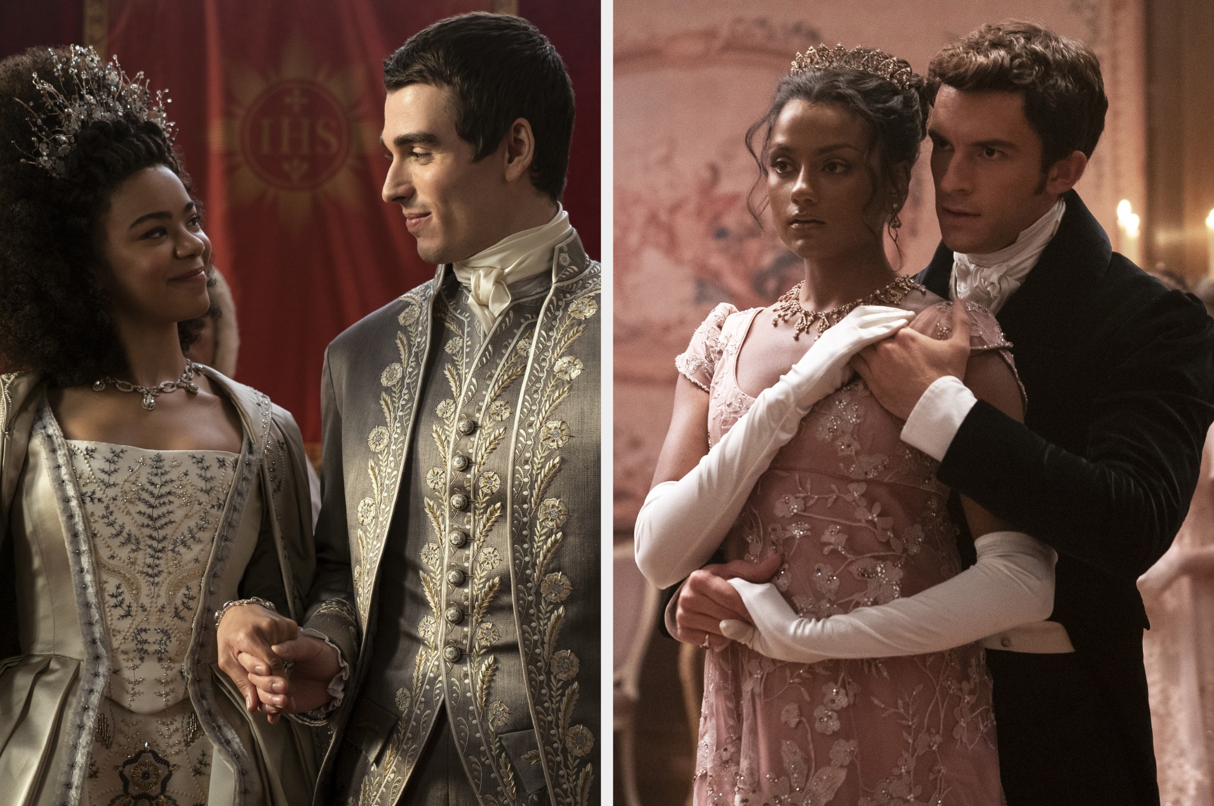 Two scenes from a historical drama show couples dressed in ornate period costumes, sharing intimate moments